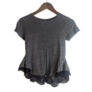 Free People Women's Grey T-Shirt Peplum Style w/Lace Inserts Casual Wear Sz XS
